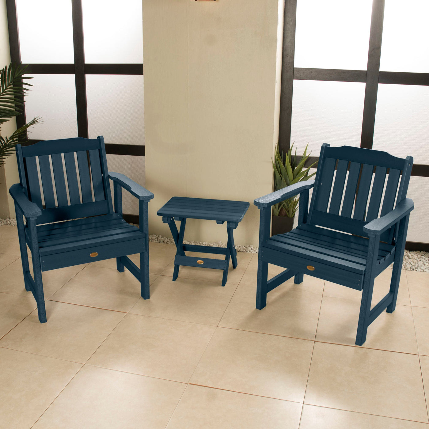 2 Lehigh Garden Chairs with Folding Adirondack Side Table Kitted Sets Highwood USA 