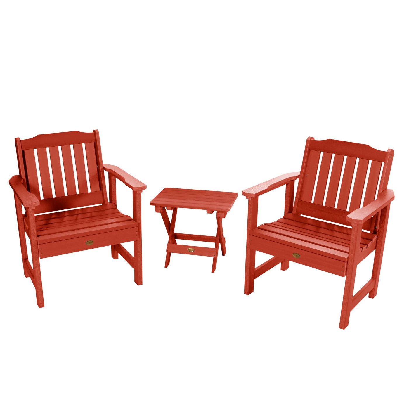 2 Lehigh Garden Chairs with Folding Adirondack Side Table Kitted Sets Highwood USA Rustic Red 