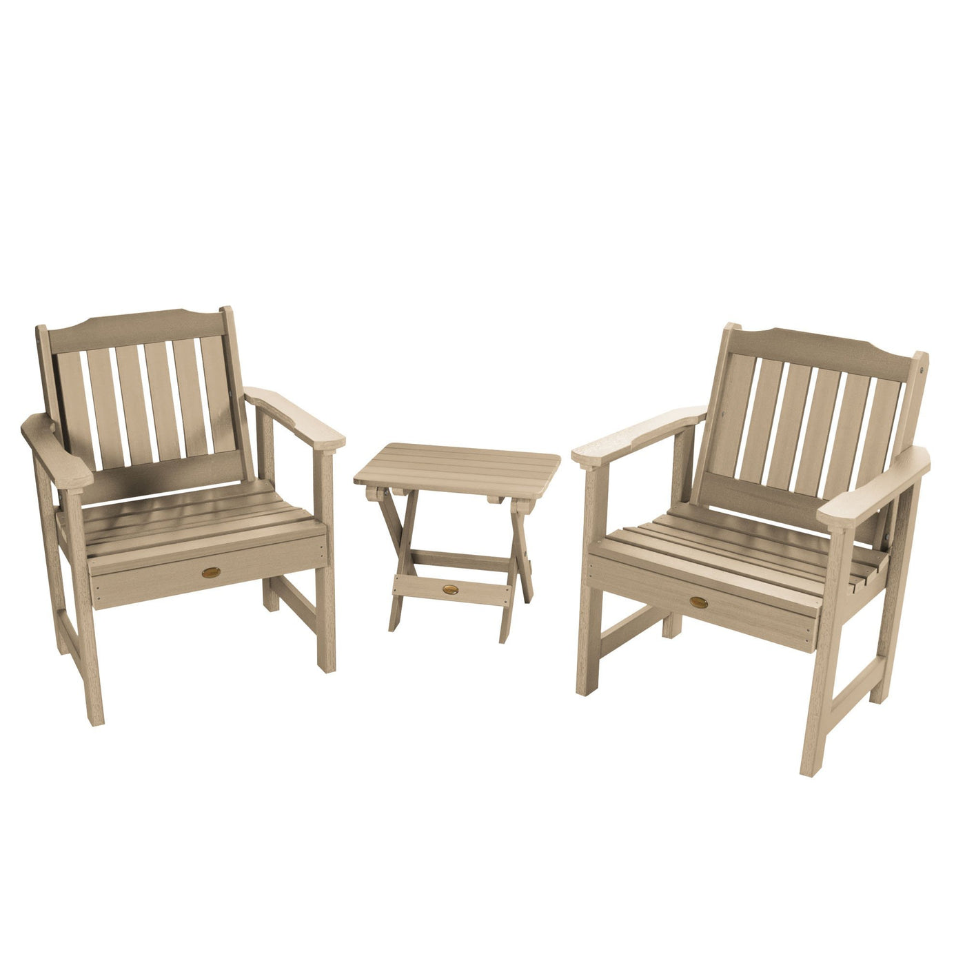 2 Lehigh Garden Chairs with Folding Adirondack Side Table Highwood USA Tuscan Taupe 