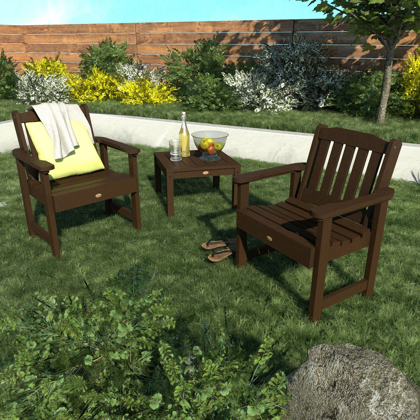 Brown Lehigh garden chairs with square table in a backyard