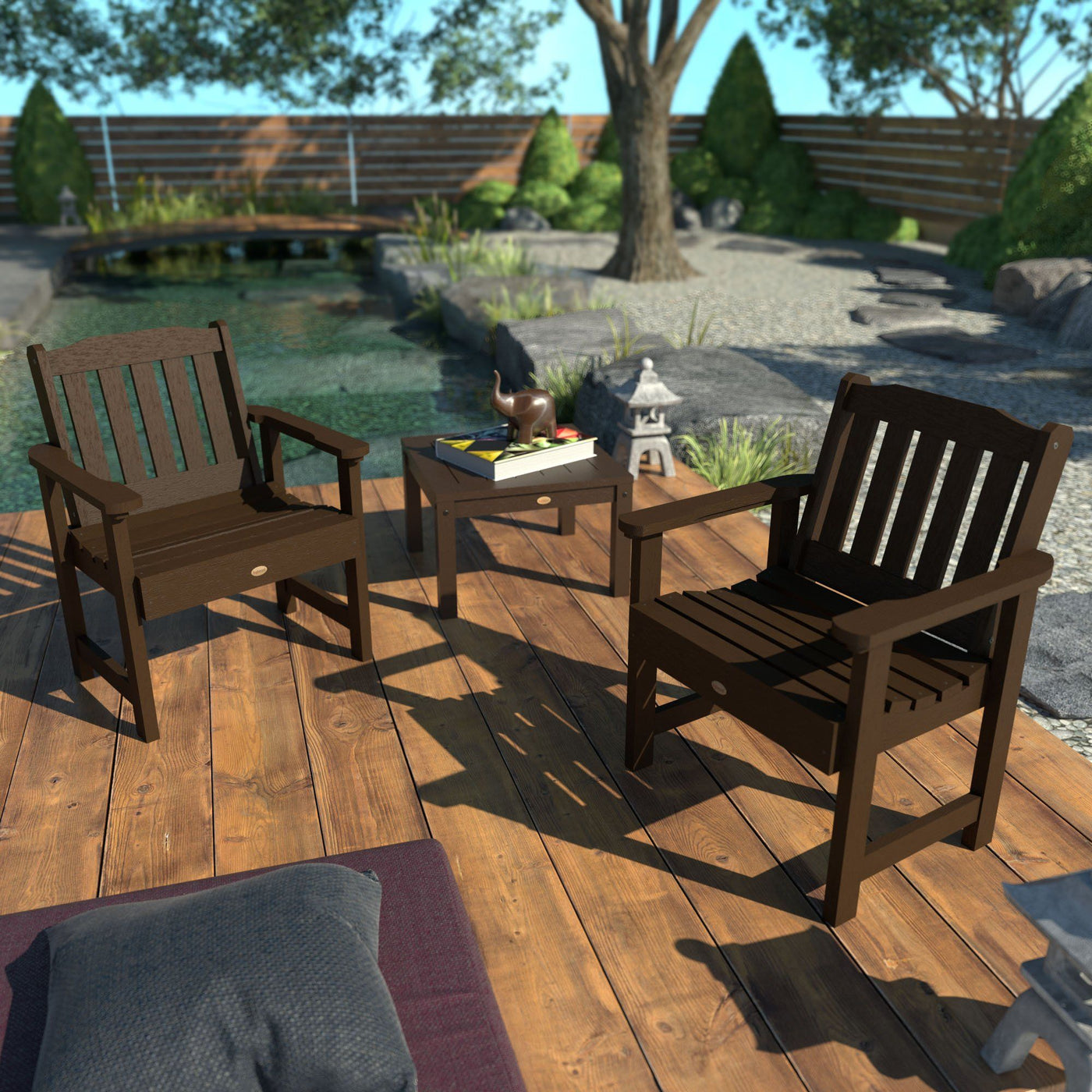 Outdoor seating arrangement with three brown chairs around a small table