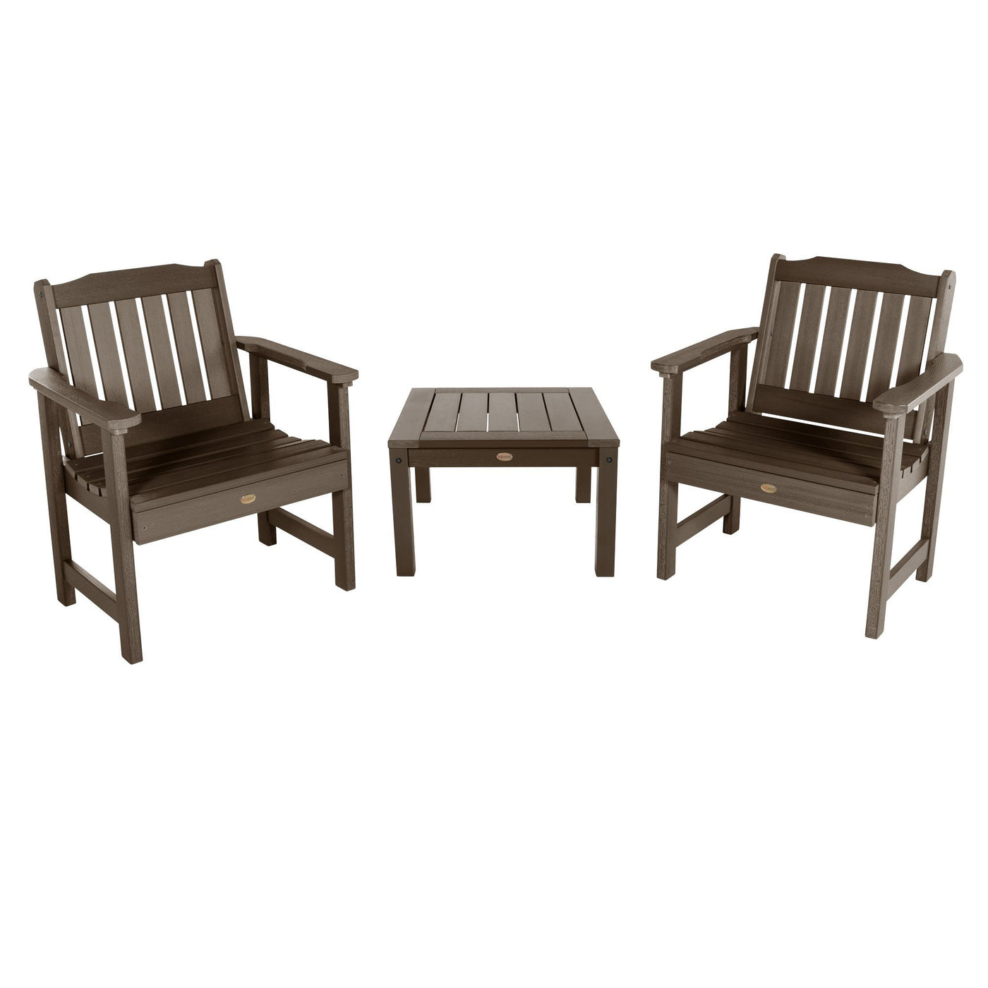 2 Lehigh Garden Chairs with 1 Square Side Table Highwood USA Weathered Acorn 