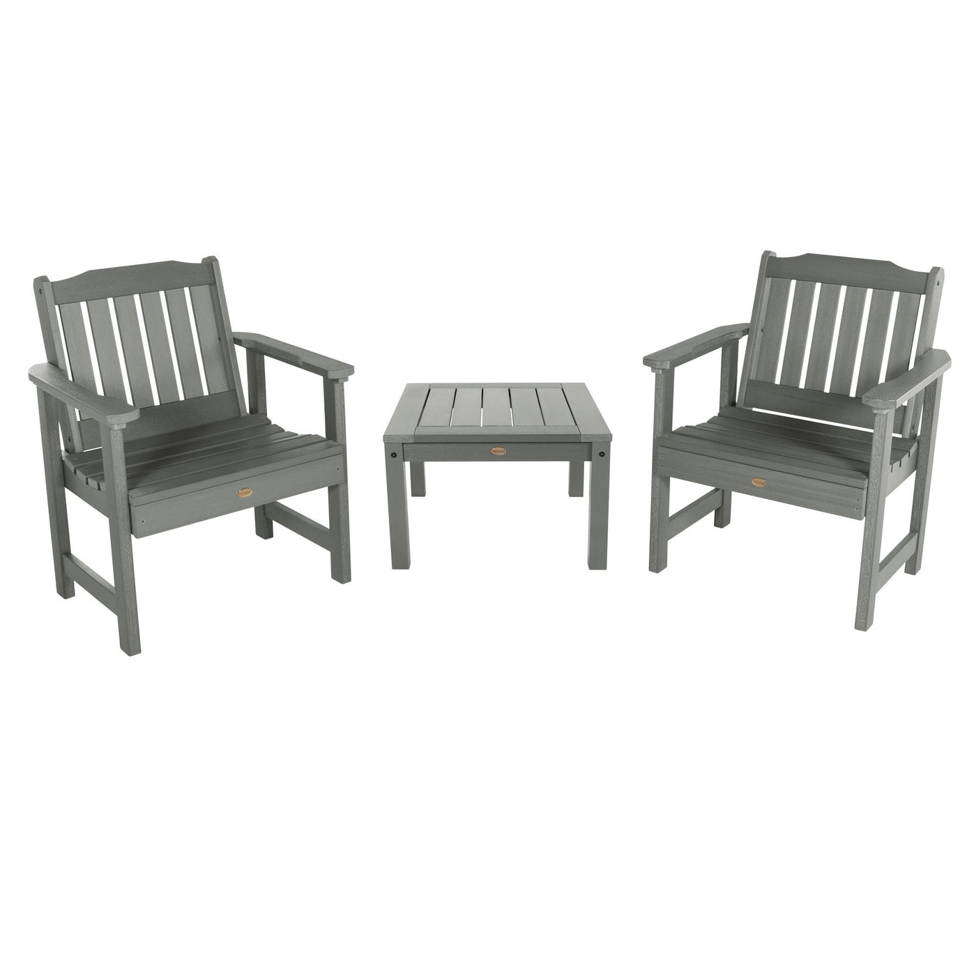 2 Lehigh Garden Chairs with 1 Square Side Table Highwood USA Coastal Teak 