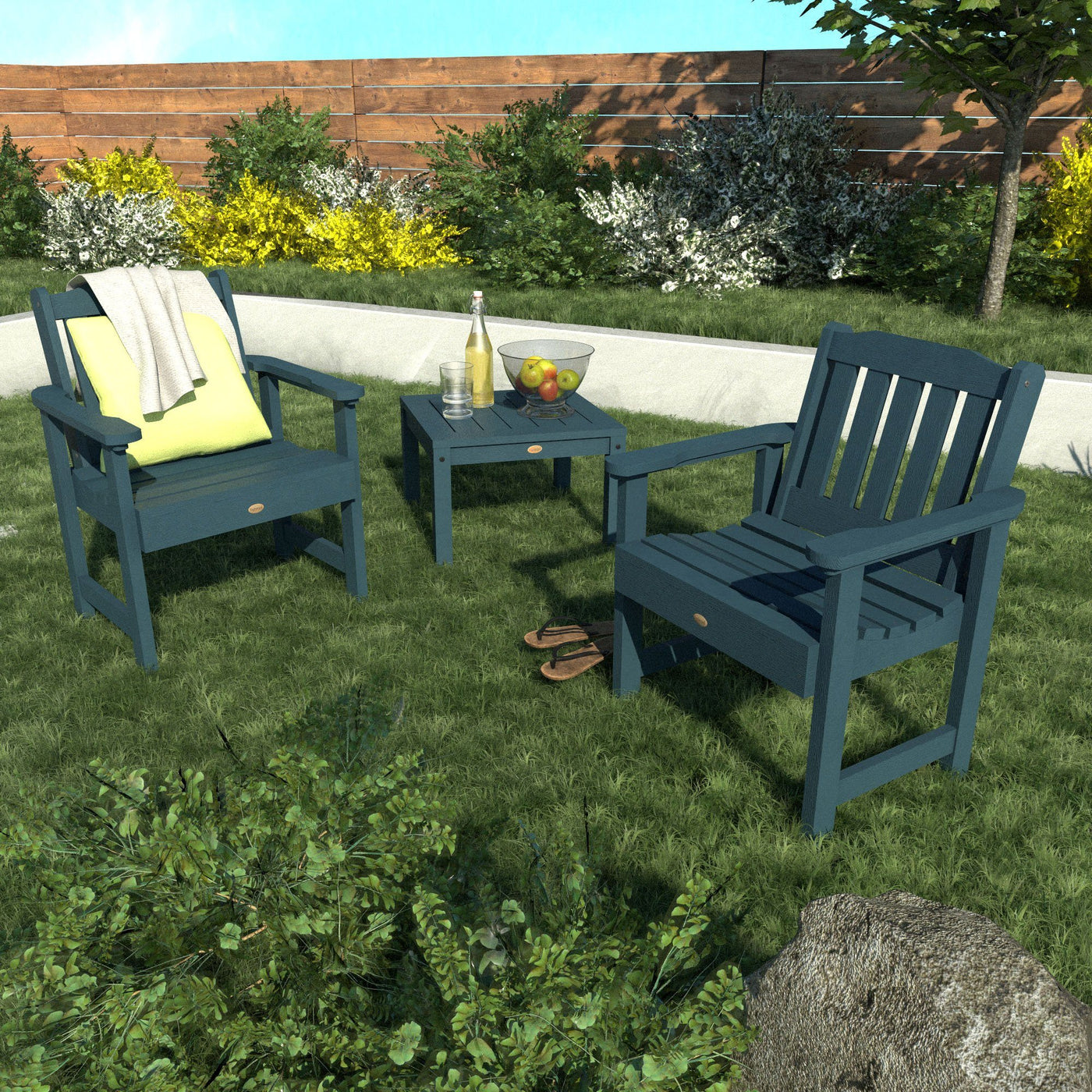 Blue Lehigh chairs set in a garden