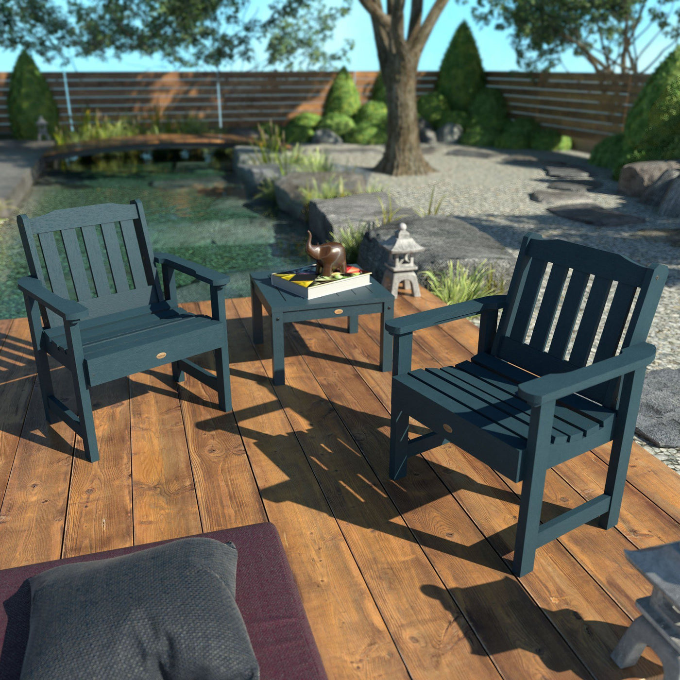 Blue Lehigh chairs on deck near water feature