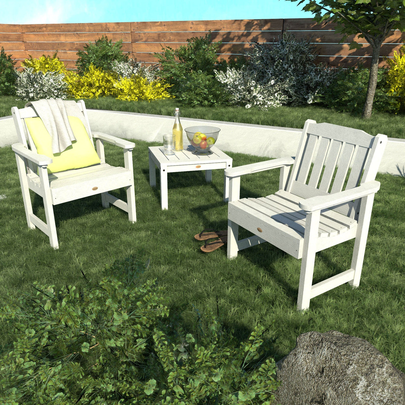 Landscape garden with two chairs and table