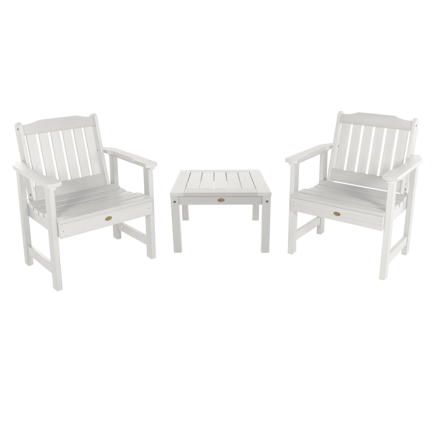 Two chairs and table on white background