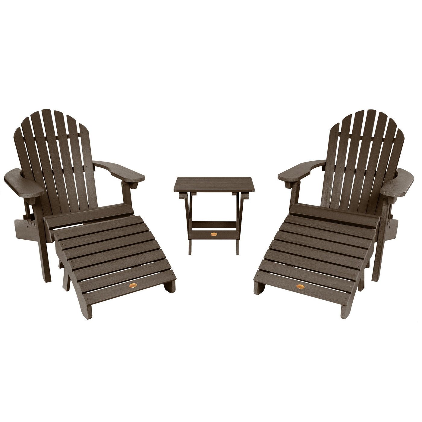 2 Hamilton Folding & Reclining Adirondack Chairs, 2 Ottomans & 1 Folding Side Table Highwood USA Weathered Acorn 