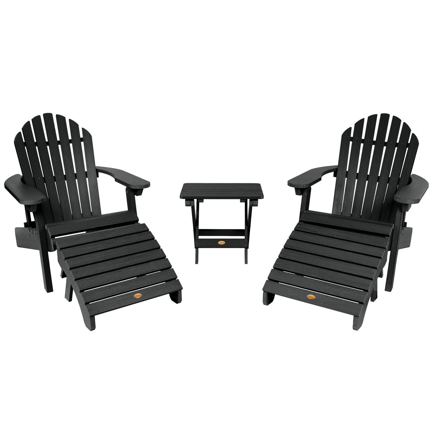 2 Hamilton Folding & Reclining Adirondack Chairs, 2 Ottomans & 1 Folding Side Table Highwood USA Black 