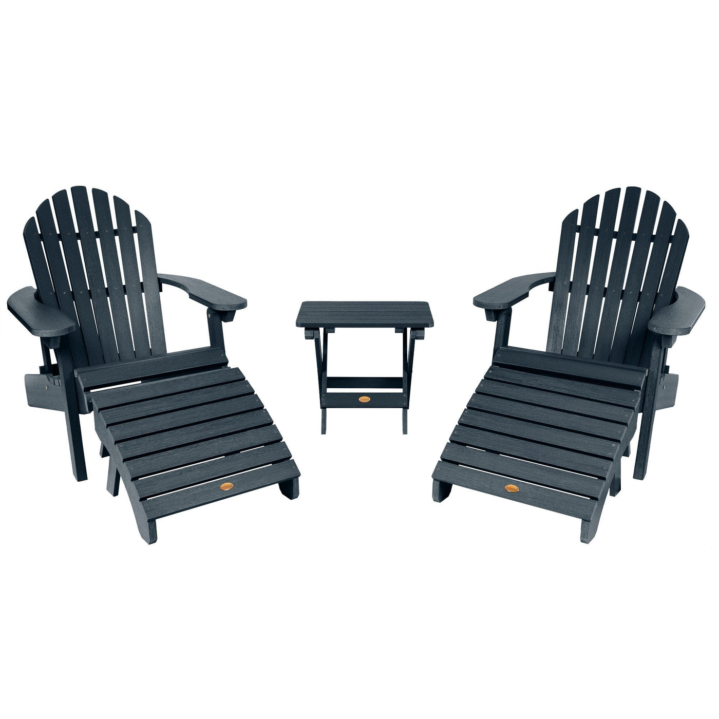 2 Hamilton Folding & Reclining Adirondack Chairs, 2 Ottomans & 1 Folding Side Table Highwood USA Federal Blue 