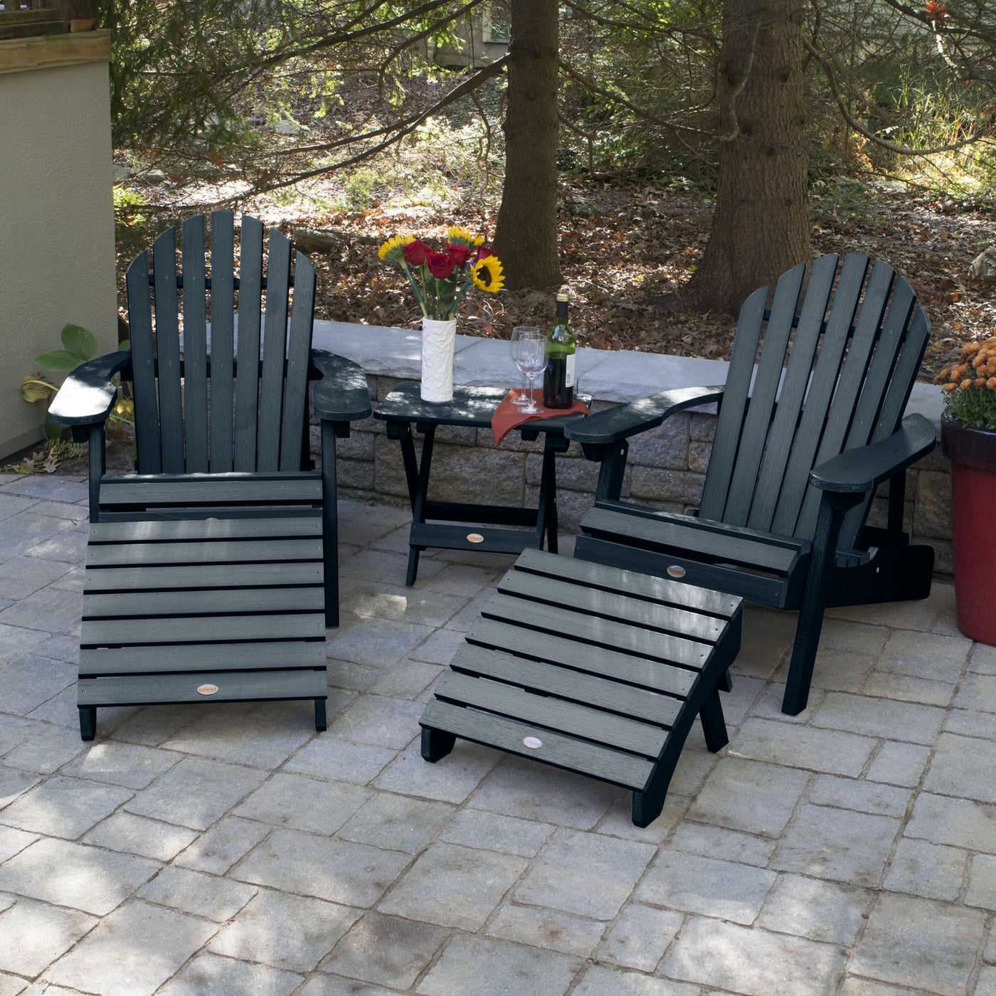2 Hamilton Folding & Reclining Adirondack Chairs, 2 Ottomans & 1 Folding Side Table Highwood USA 