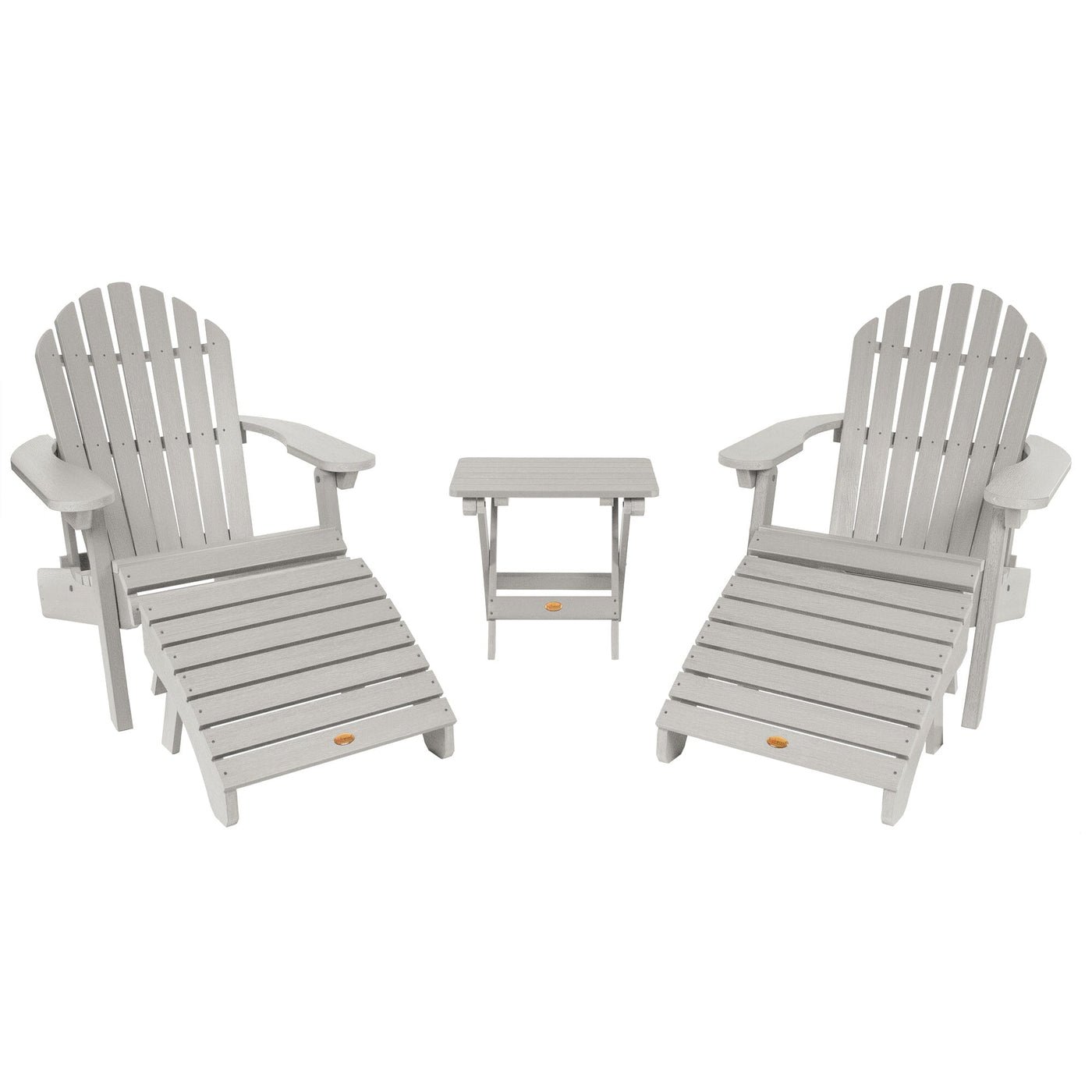 2 Hamilton Folding & Reclining Adirondack Chairs, 2 Ottomans & 1 Folding Side Table Kitted Sets Highwood USA Harbor Gray 