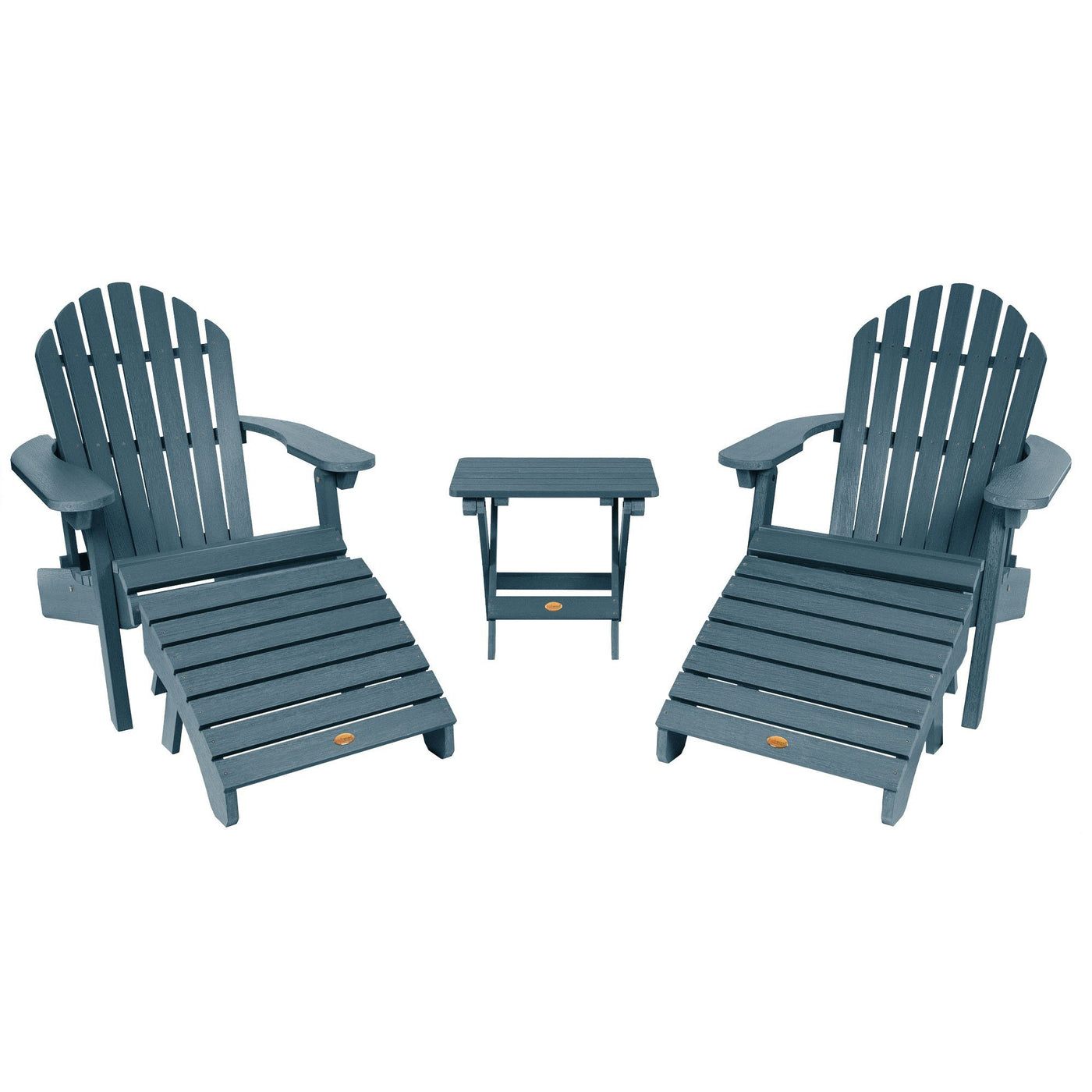 2 Hamilton Folding & Reclining Adirondack Chairs, 2 Ottomans & 1 Folding Side Table Highwood USA Nantucket Blue 