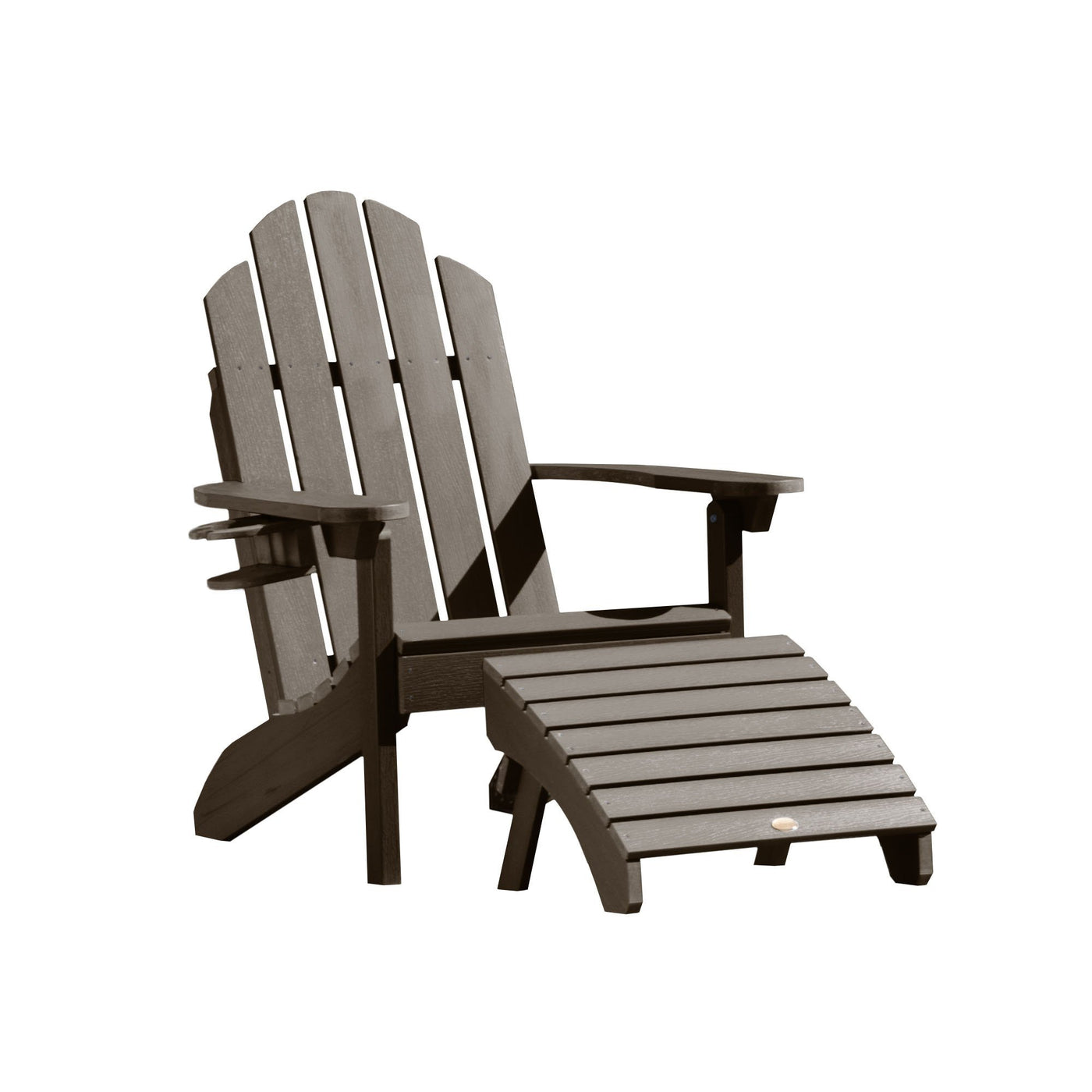 Classic Westport Adirondack Chair with Cup Holder & Folding Adirondack Ottoman Highwood USA Weathered Acorn 