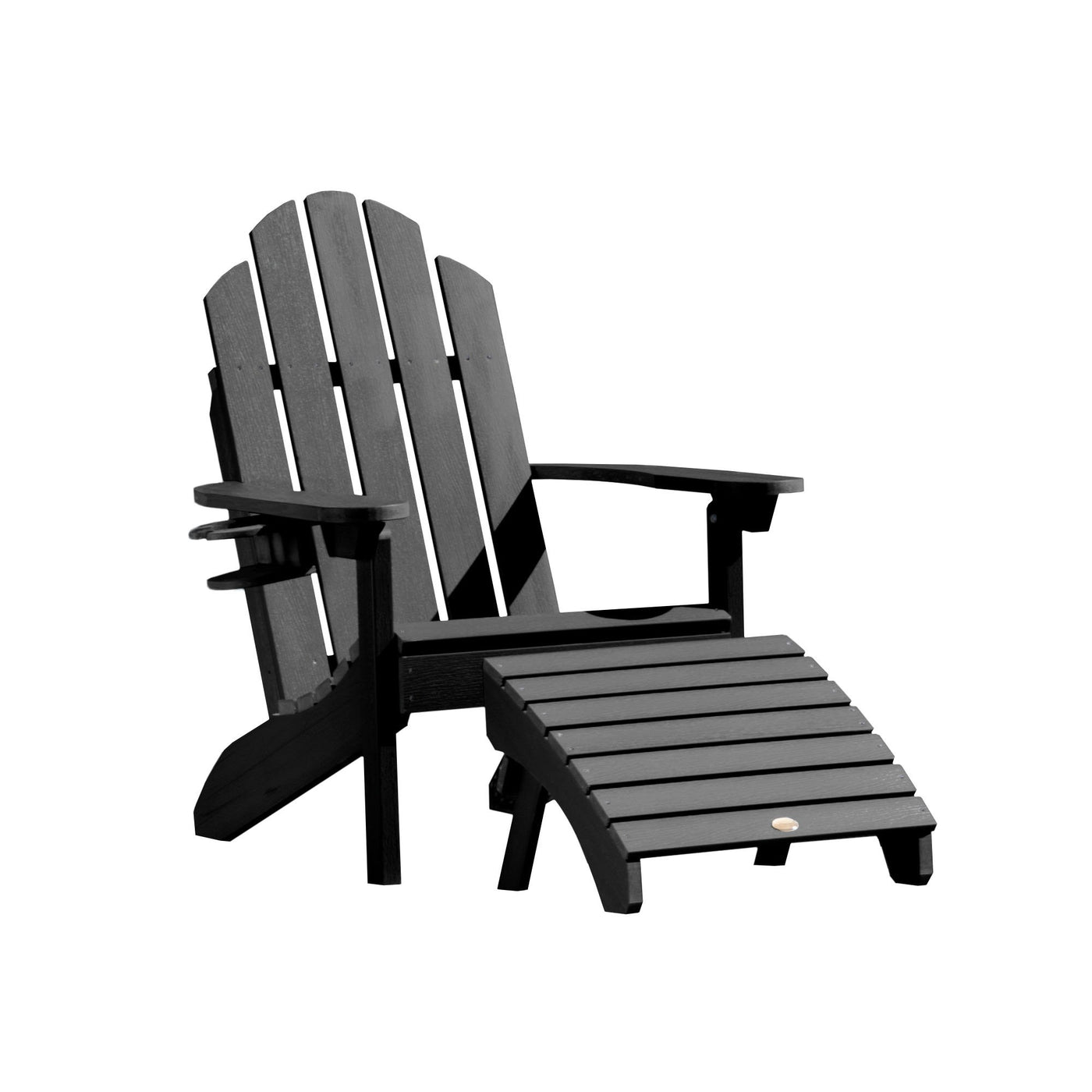 Classic Westport Adirondack Chair with Cup Holder & Folding Adirondack Ottoman Highwood USA Black 