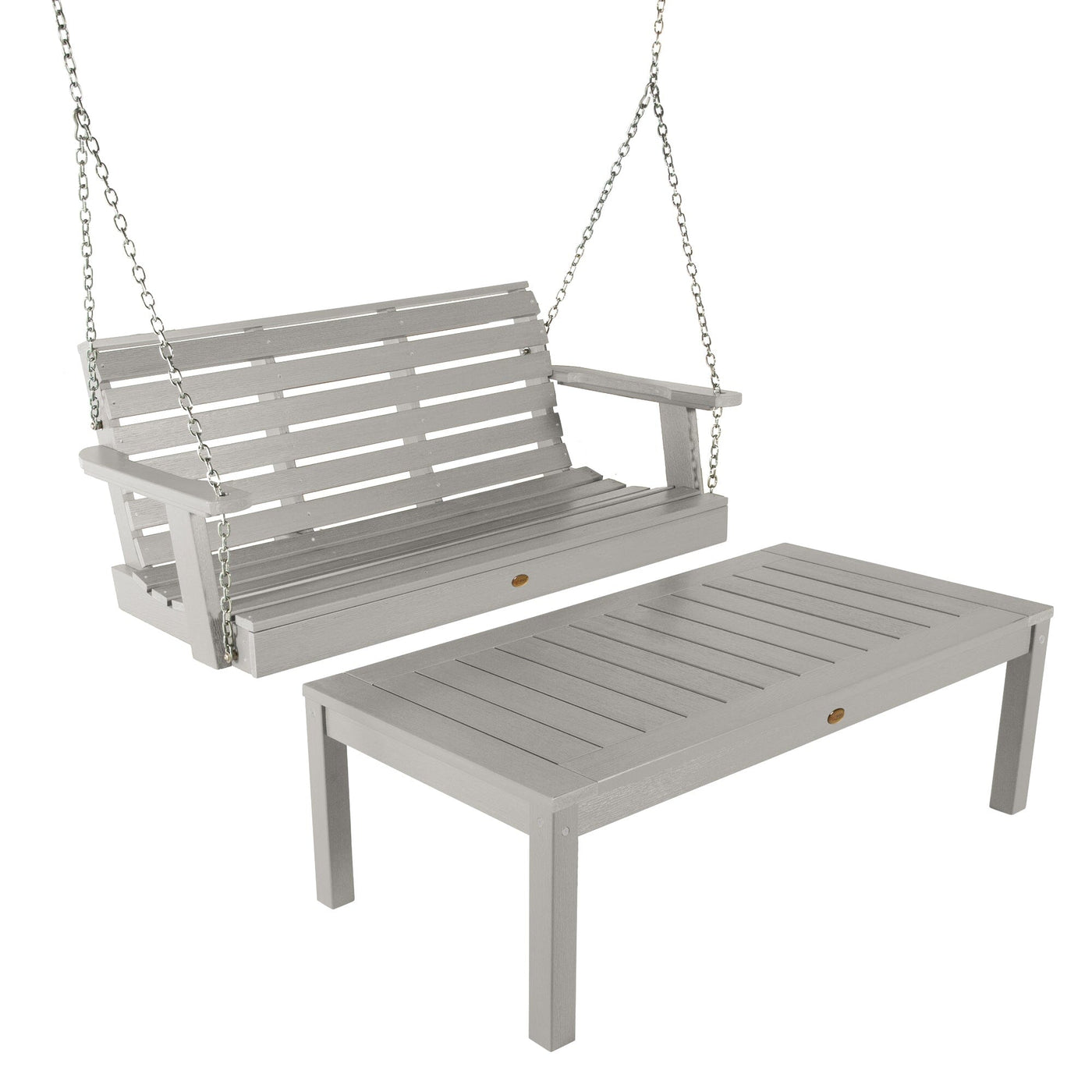 Weatherly Porch Swing 4ft and Adirondack Coffee Table Kitted Sets Highwood USA Harbor Gray 