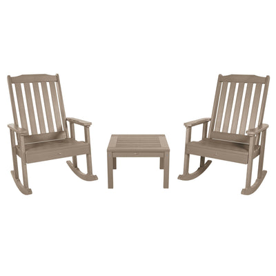 2 Lehigh Rocking Chairs with Adirondack Side Table Kitted Sets Highwood USA Woodland Brown 