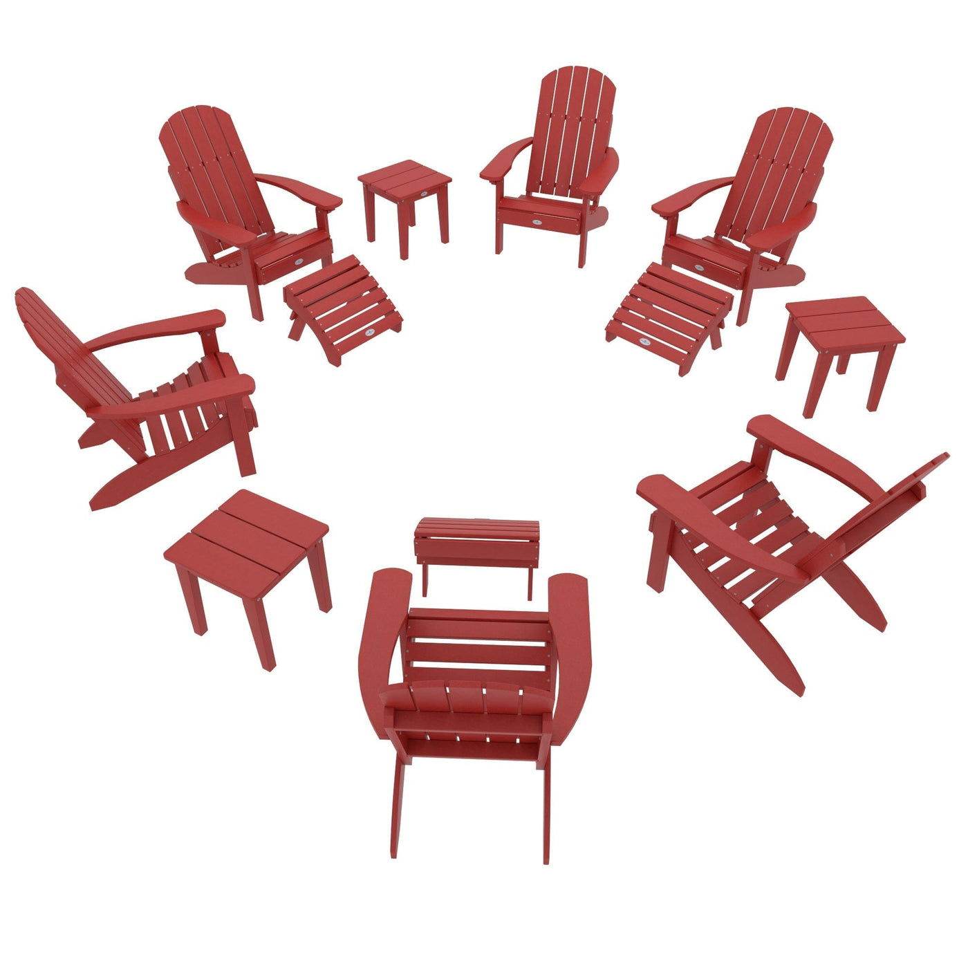 Cape Classic Adirondack, Side Table and Ottoman 12 pc Set Kitted Set Bahia Verde Outdoors Boathouse Red 