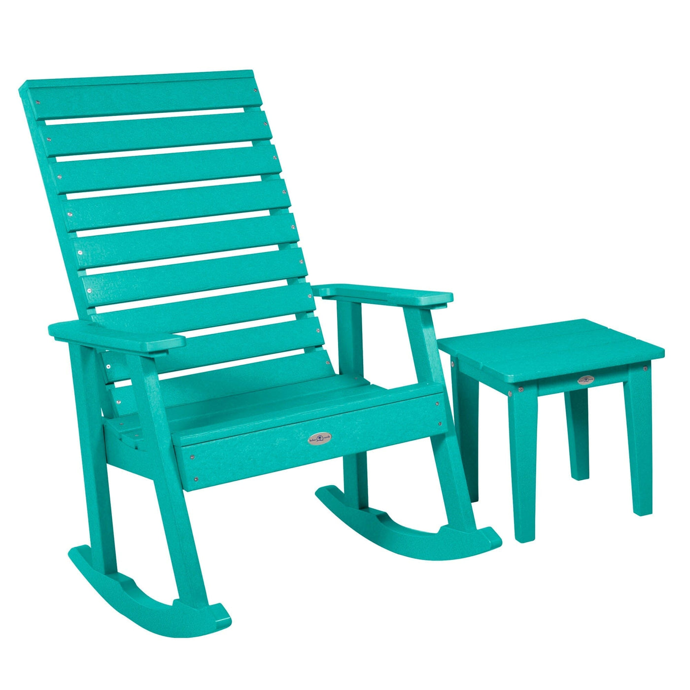 Riverside Rocking Chair and Side Table 2pc Set Kitted Set Bahia Verde Outdoors Seaglass Blue 