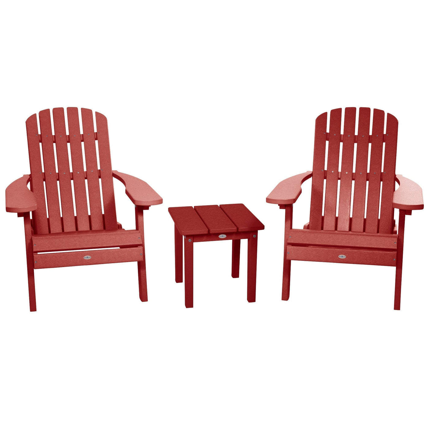 Two Cape Folding Adirondack Chairs and Side Table Set Kitted Set Bahia Verde Outdoors Boathouse Red 