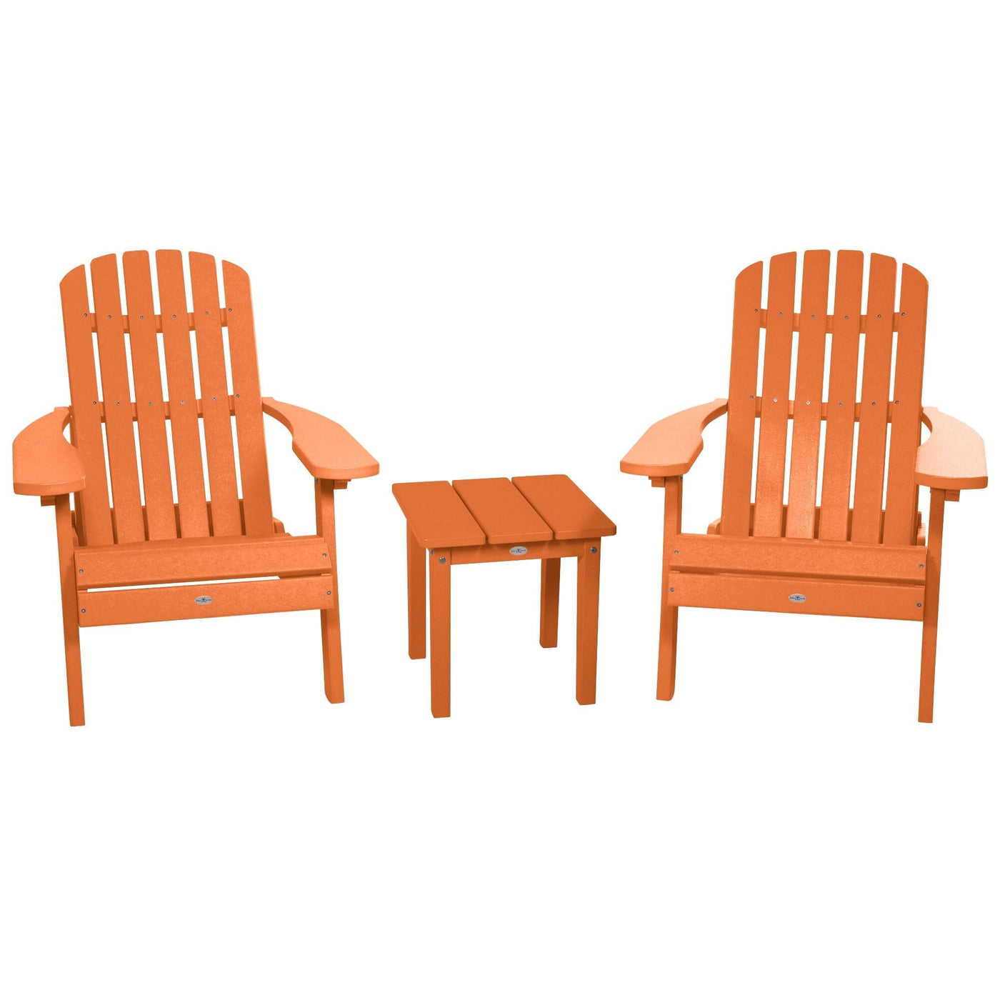 Two Cape Folding Adirondack Chairs and Side Table Set Kitted Set Bahia Verde Outdoors Citrus Orange 