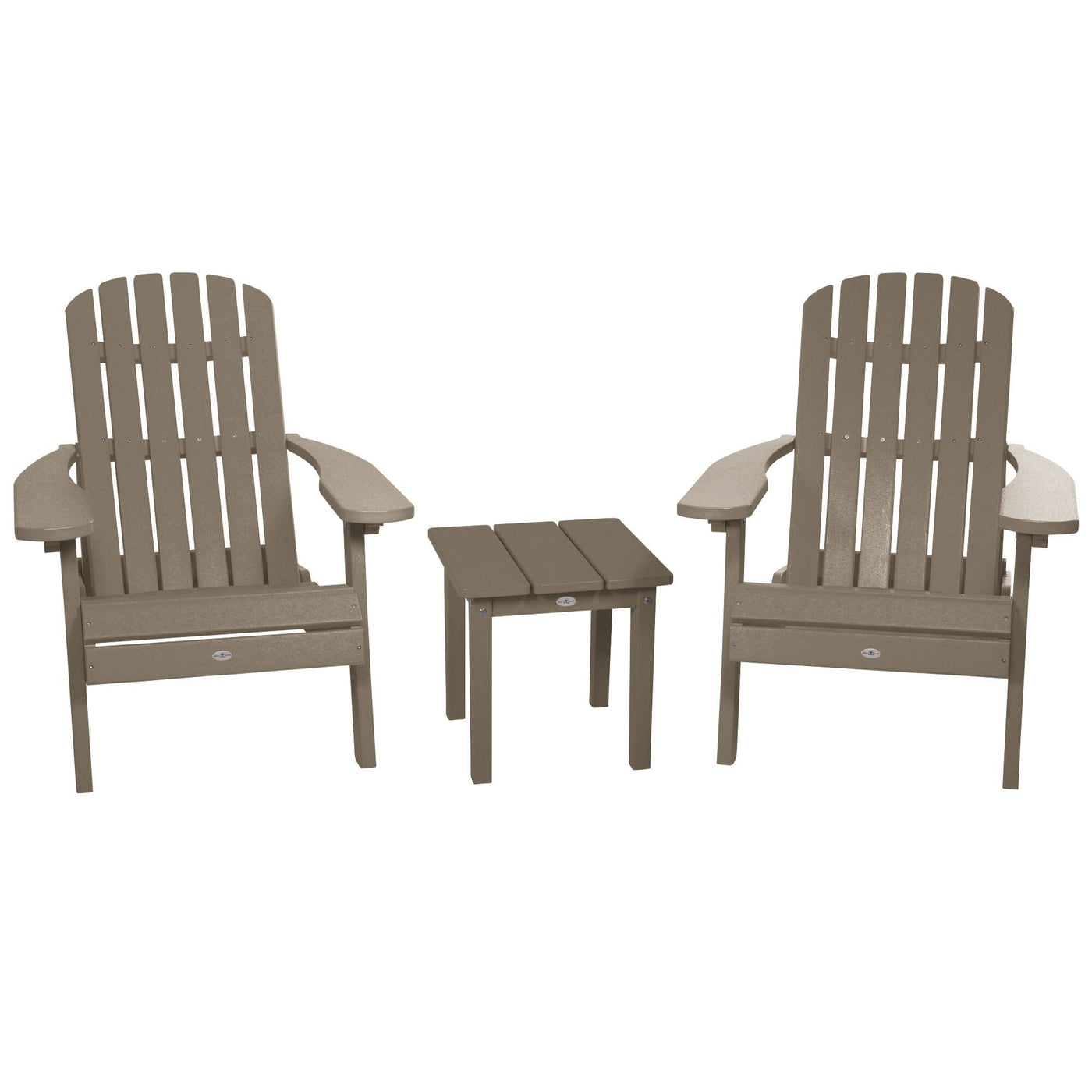 Two Cape Folding Adirondack Chairs and Side Table Set Kitted Set Bahia Verde Outdoors Cabana Tan 