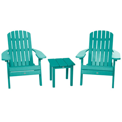 Two Cape Folding Adirondack Chairs and Side Table Set Kitted Set Bahia Verde Outdoors Seaglass Blue 