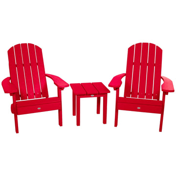 Two Cape Classic Adirondack Chairs and Side Table Set Kitted Set Bahia Verde Outdoors Boathouse Red 