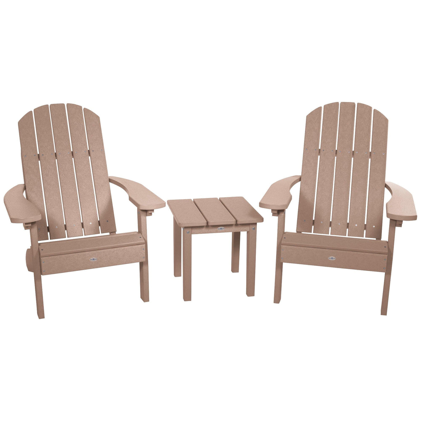 Two Cape Classic Adirondack Chairs and Side Table Set Kitted Set Bahia Verde Outdoors Cabana Tan 