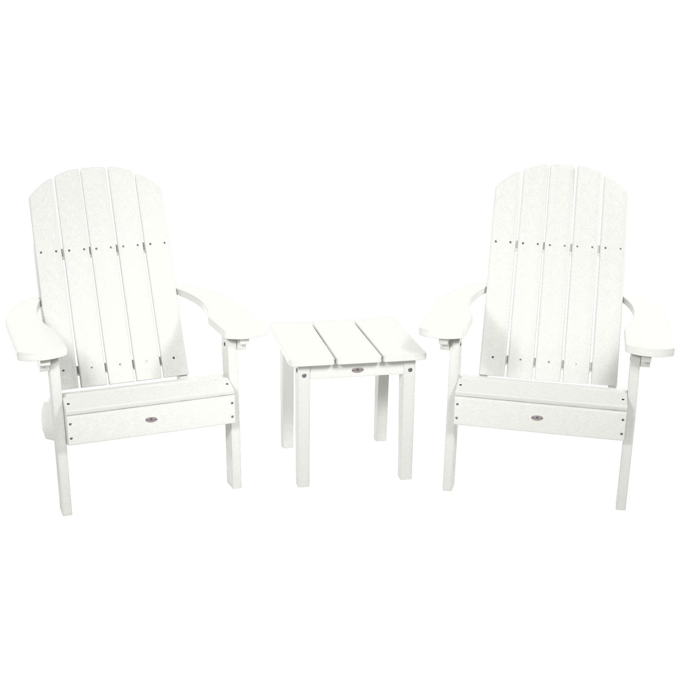 Two Cape Classic Adirondack Chairs and Side Table Set Kitted Set Bahia Verde Outdoors Coconut White 