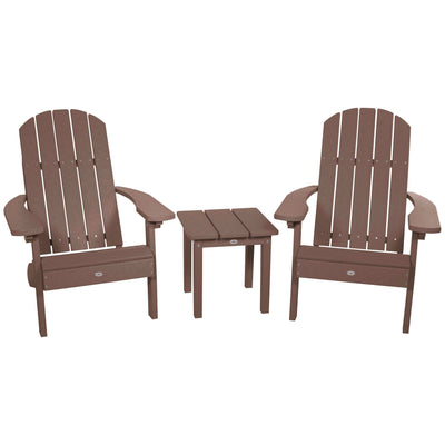 Two Cape Classic Adirondack Chairs and Side Table Set Kitted Set Bahia Verde Outdoors Mangrove Brown 