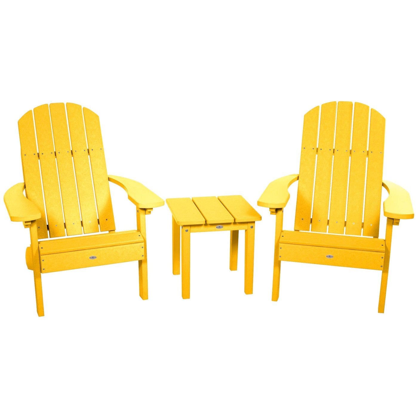 Two Cape Classic Adirondack Chairs and Side Table Set Kitted Set Bahia Verde Outdoors Sunbeam Yellow 