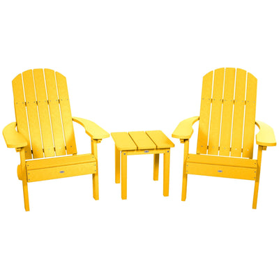 Two Cape Classic Adirondack Chairs and Side Table Set Kitted Set Bahia Verde Outdoors Sunbeam Yellow 