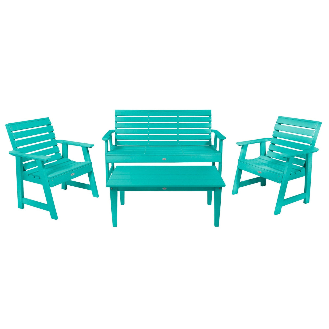 Riverside Garden Bench 5ft, 2 Garden Chairs and Conversation Table Set Kitted Set Bahia Verde Outdoors Seaglass Blue 