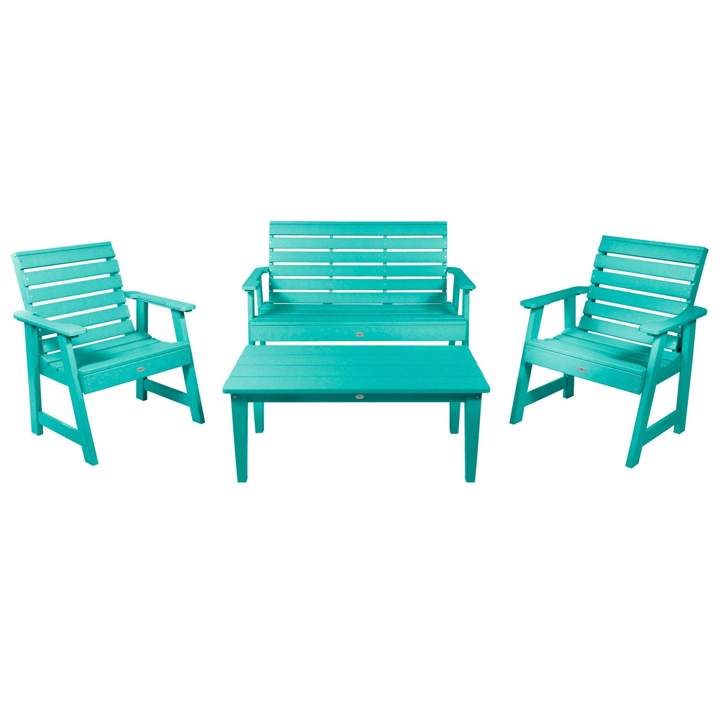Riverside Garden Bench 4ft, 2 Garden Chairs, and Conversation Table Set Kitted Set Bahia Verde Outdoors Seaglass Blue 