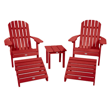 2 Cape Folding Adirondacks, 2 Ottomans, and 1 Side Table Kitted Set Bahia Verde Outdoors Boathouse Red 
