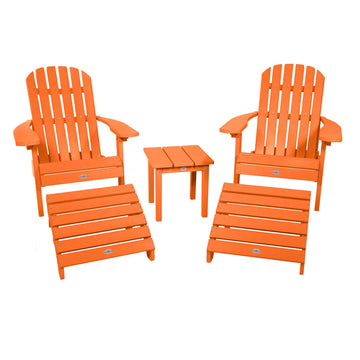 2 Cape Folding Adirondacks, 2 Ottomans, and 1 Side Table Kitted Set Bahia Verde Outdoors Citrus Orange 