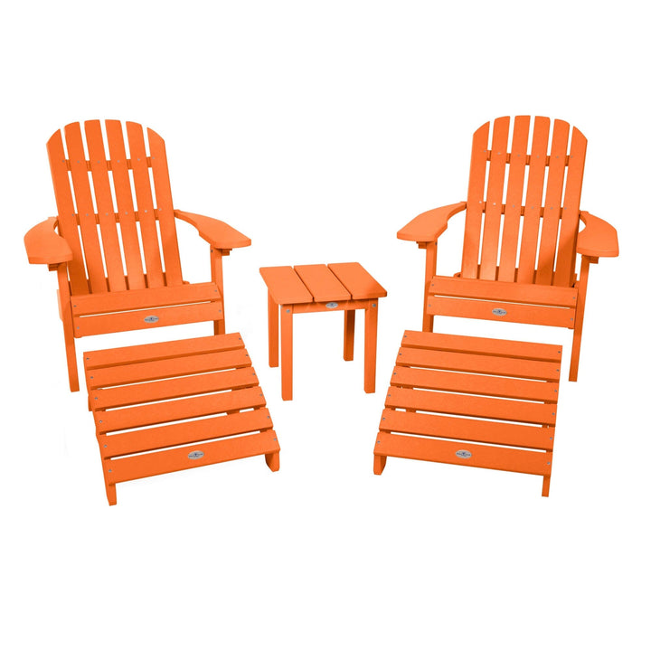 2 Cape Folding Adirondacks, 2 Ottomans, and 1 Side Table Kitted Set Bahia Verde Outdoors Citrus Orange 