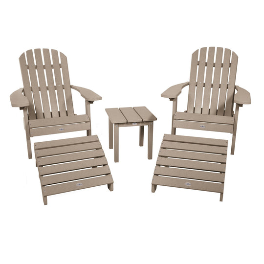 2 Cape Folding Adirondacks, 2 Ottomans, and 1 Side Table Kitted Set Bahia Verde Outdoors Cabana Tan 