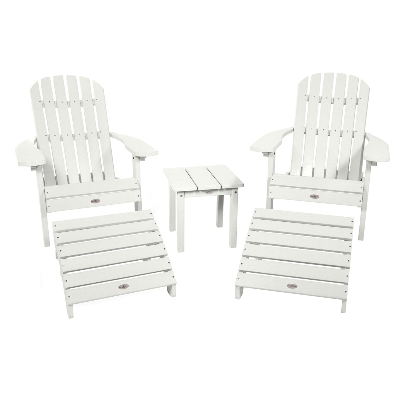 2 Cape Folding Adirondacks, 2 Ottomans, and 1 Side Table Kitted Set Bahia Verde Outdoors Coconut White 