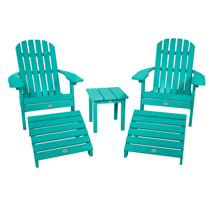 2 Cape Folding Adirondacks, 2 Ottomans, and 1 Side Table Kitted Set Bahia Verde Outdoors Seaglass Blue 