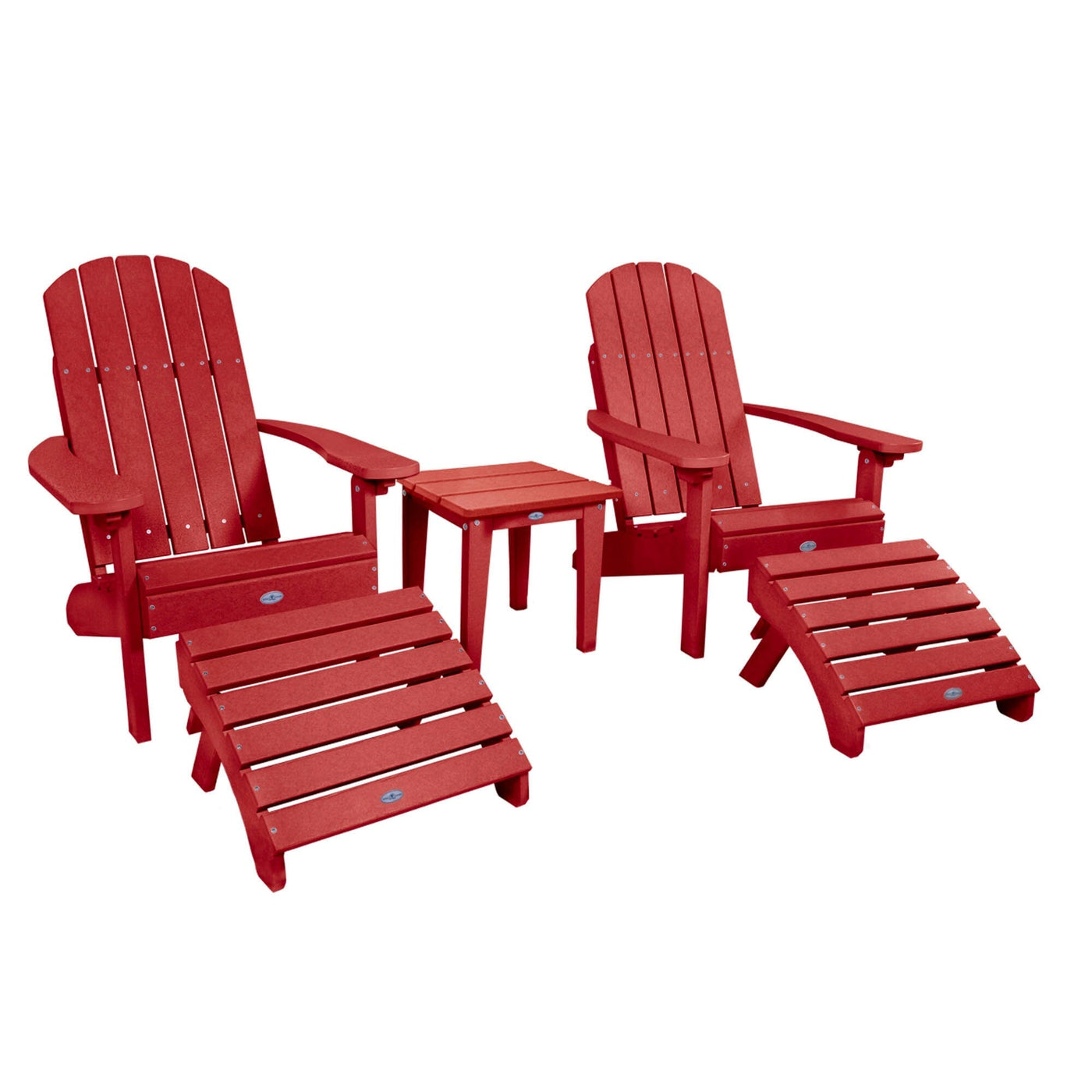 Two Cape Classic Adirondack Chairs, Side Table and Ottoman 5 pc Set Kitted Set Bahia Verde Outdoors Boathouse Red 