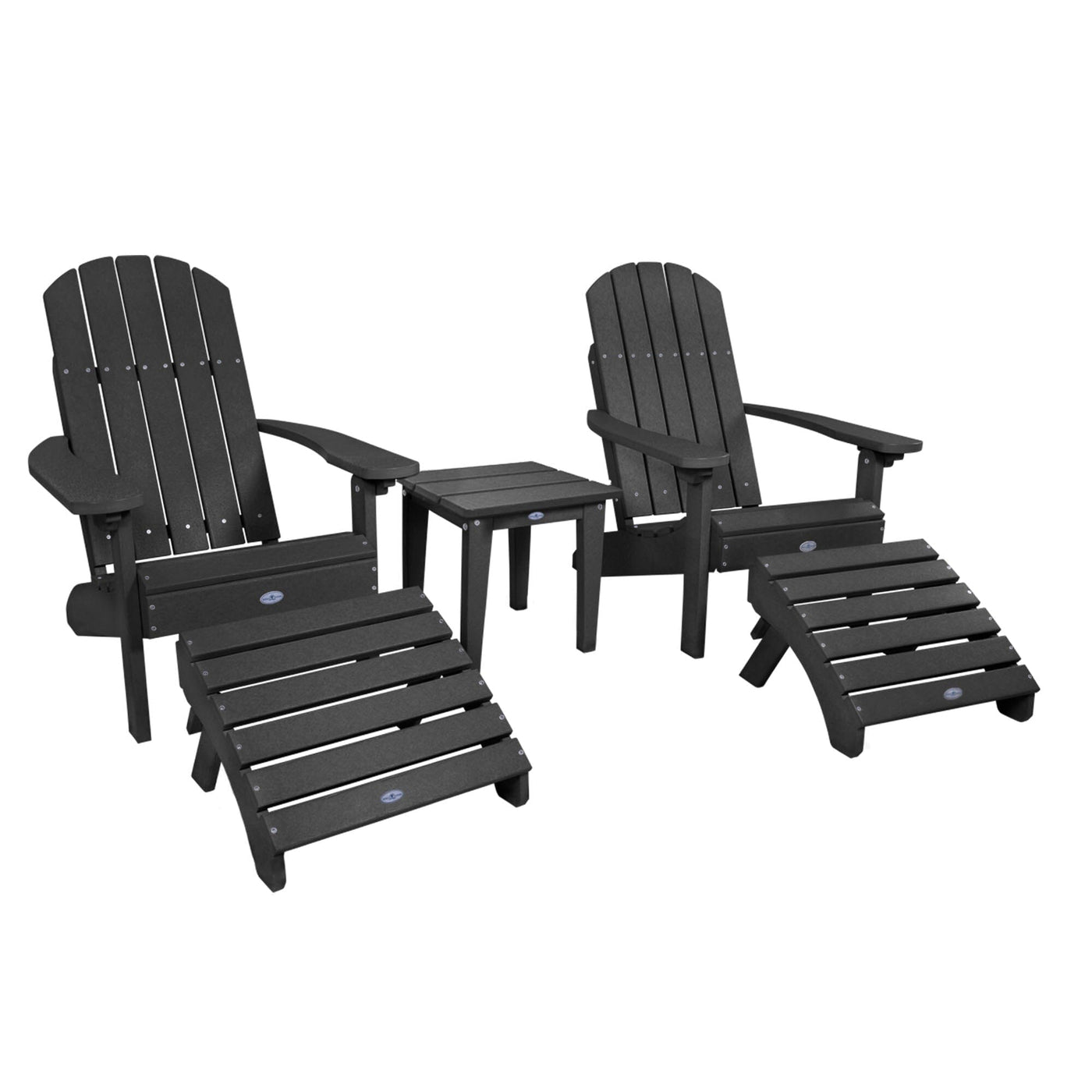 Two Cape Classic Adirondack Chairs, Side Table and Ottoman 5 pc Set Kitted Set Bahia Verde Outdoors Black Sand 