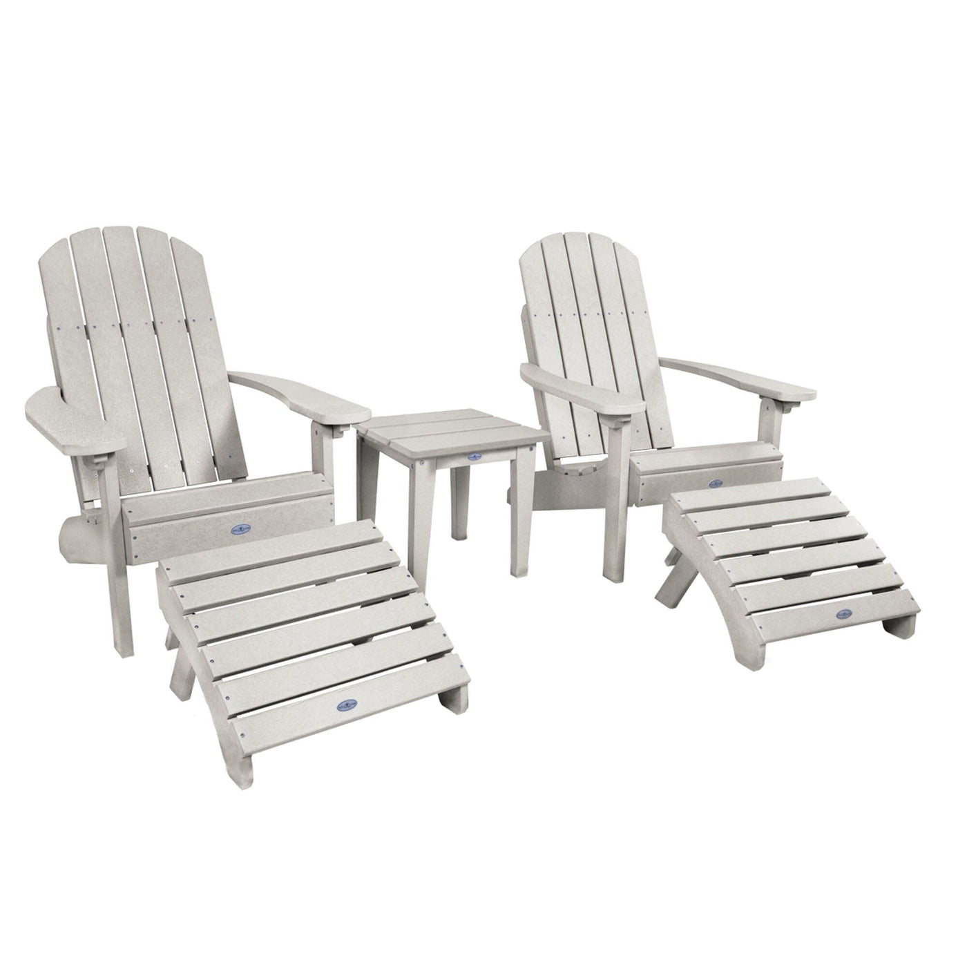 Two Cape Classic Adirondack Chairs, Side Table and Ottoman 5 pc Set Kitted Set Bahia Verde Outdoors Cove Gray 