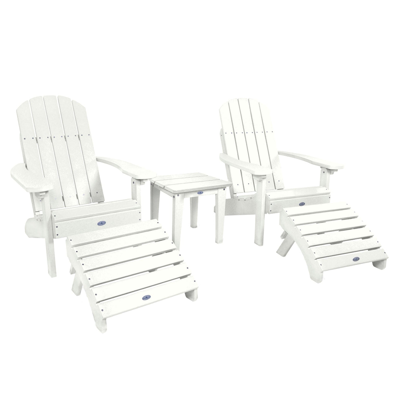 Two Cape Classic Adirondack Chairs, Side Table and Ottoman 5 pc Set Kitted Set Bahia Verde Outdoors Coconut White 