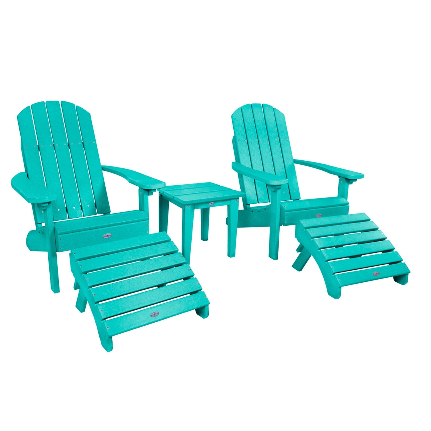 Two Cape Classic Adirondack Chairs, Side Table and Ottoman 5 pc Set Kitted Set Bahia Verde Outdoors Seaglass Blue 