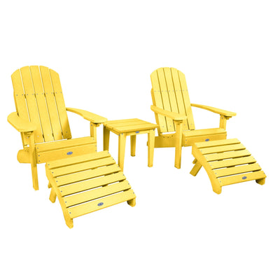 Two Cape Classic Adirondack Chairs, Side Table and Ottoman 5 pc Set Kitted Set Bahia Verde Outdoors Sunbeam Yellow 