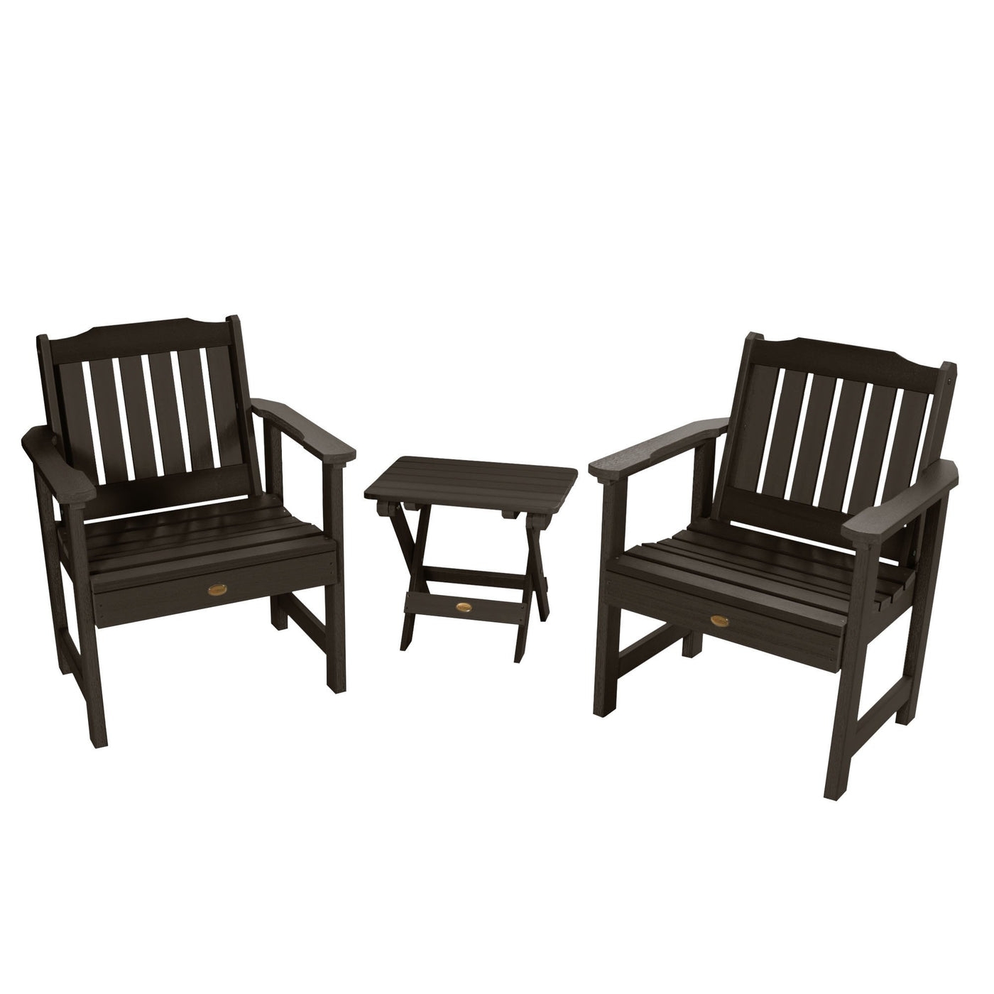2 Lehigh Garden Chairs with Folding Adirondack Side Table Highwood USA Weathered Acorn 