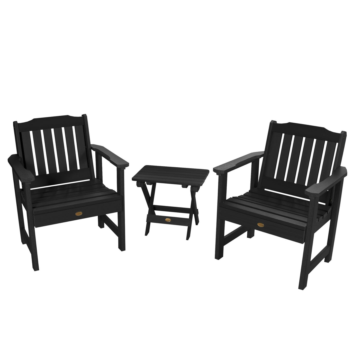 2 Lehigh Garden Chairs with Folding Adirondack Side Table Highwood USA Black 